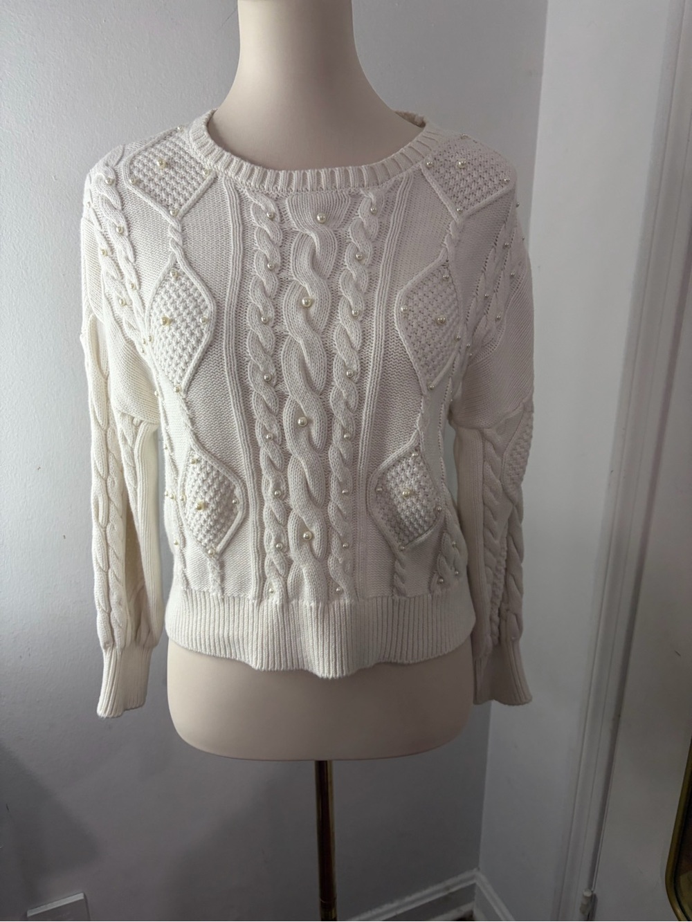 Adyson Parker Ivory Pearl-Accent Cable Knit cropped Crewneck Sweater